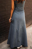 Chouyatou Women's Spaghetti Strap Smocked Back Denim Dress Button Down A-Line Swing Flowy Maxi Jean Dress
