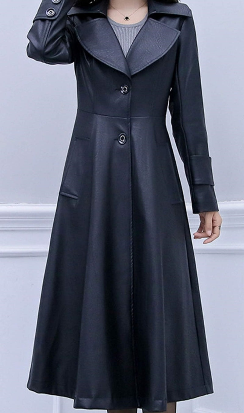 Chouyatou Women's Elegant Lapel Collar 2 Button Fit-Flare Pu Leather Long Trench Coat