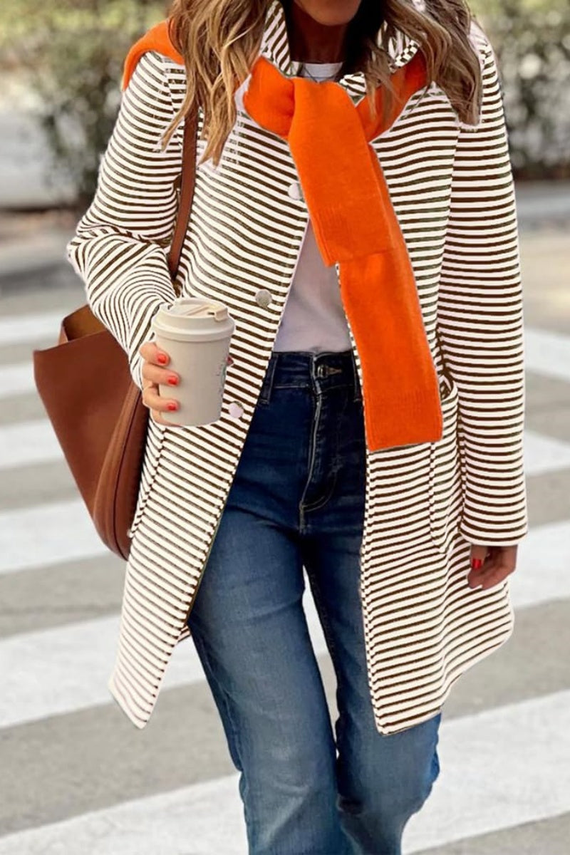 Chouyatou Women's Color Block Striped Hooded Cardigan Sweaters Button Down Long Coatigan Jackets with Pockets