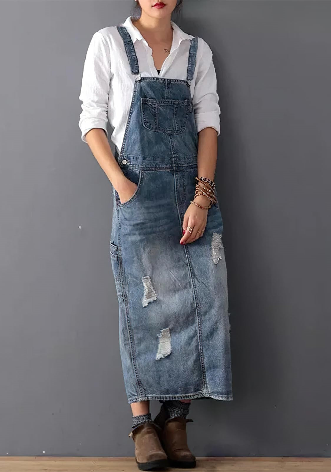 Chouyatou Women's Adjustable Strap Distressed Denim Overall Dress A-Line Pinafore Jean Dress with Split