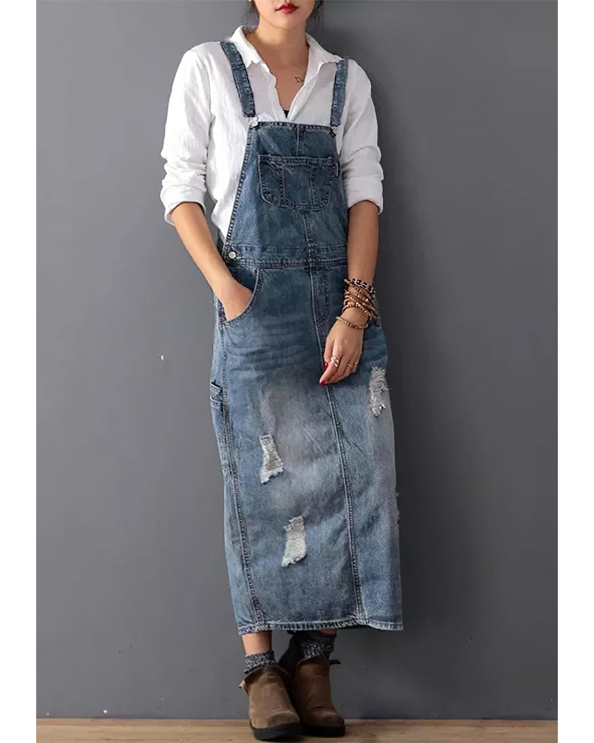 Chouyatou Women's Adjustable Strap Distressed Denim Overall Dress A-Line Pinafore Jean Dress with Split