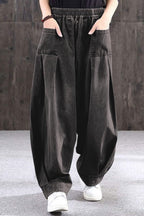 Chouyatou Women's Denim Harem Pants Elastic Waist Pleated Wide Leg Baggy Jeans