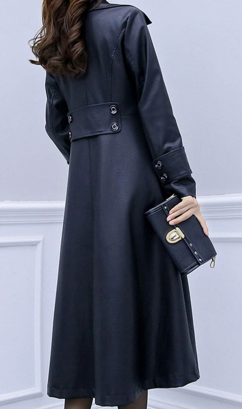 Chouyatou Women's Elegant Lapel Collar 2 Button Fit-Flare Pu Leather Long Trench Coat