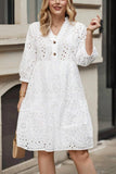 Chouyatou Women's 2025 Eyelet Lace Midi Dress V Neck Puff 3/4 Sleeve Button Tiered Sexy A Line Sun Dress