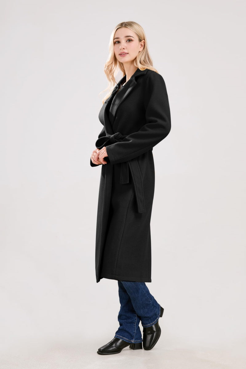 Chouyatou Womens Long Wool Pea Coats Notched Collar Open Front Woolen Blend Trench Coat with Belt