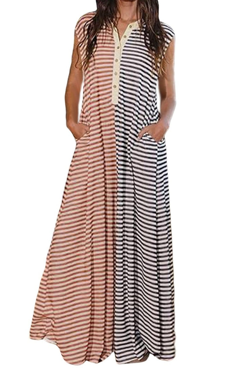 Chouyatou Loose Striped Wide Leg Jumpsuit for Women Summer Romper Flowy Pants Comfy Sleeveless Button Baggy Overalls