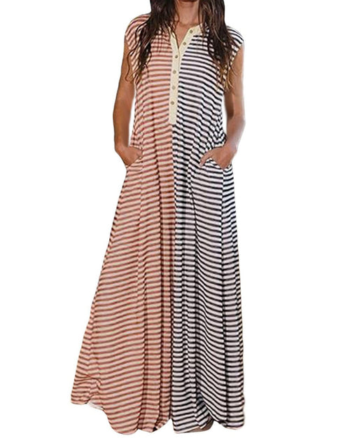 Chouyatou Loose Striped Wide Leg Jumpsuit for Women Summer Romper Flowy Pants Comfy Sleeveless Button Baggy Overalls