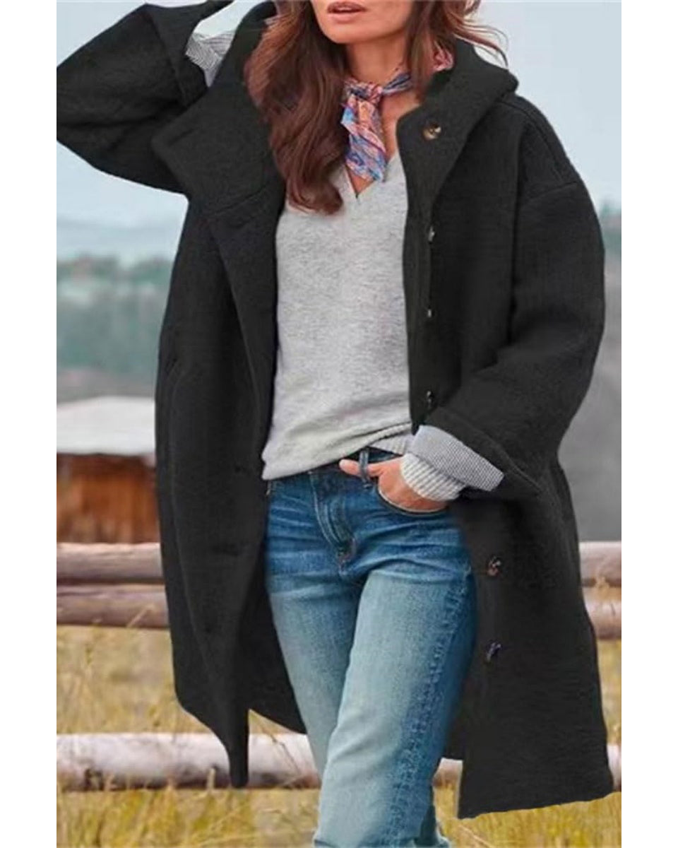 Chouyatou Women's Winter Single Breasted Long Wool Coat with Hood Casual Wool Blend Trench Coat Jacket