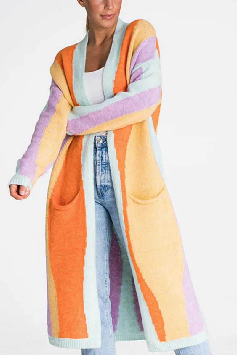 Chouyatou Women's Fall Open Front Color Block Long Cardigan Sweater Coat Casual Vertical Striped Coatigan