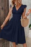 Chouyatou Women's 2024 Eyelet Lace Embroidery Smocked Waist Party Dress Sexy Flutter Sleeve A Line Midi Long Sun Dress