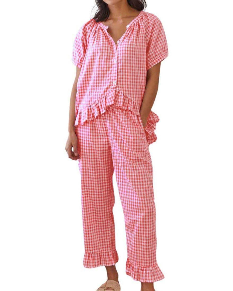 Chouyatou Womens Gingham Pajama Set 2 Piece Short Sleeve Babydoll Shirt and Pants Lounge Set Cute Sleepwear