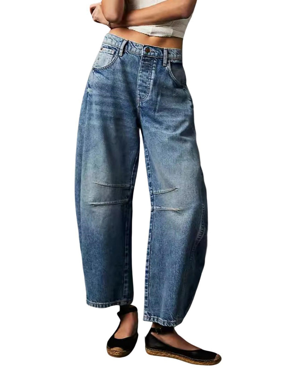 Chouyatou Barrel Jeans Women Wide Leg Cropped Jeans Y2k Mid Rise Baggy Jeans Boyfriend Denim Pants Harem Pants