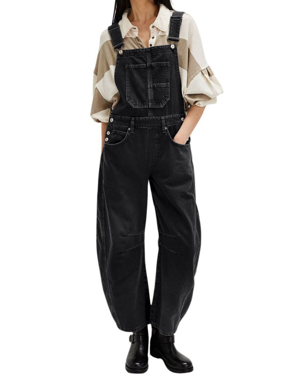 Chouyatou Women Y2k Baggy Barrel Jeans Overalls Wide Leg Denim Pants Bib Overalls Jumpsuit Boyfriend Patchwork Jeans