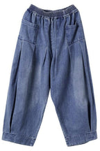 Chouyatou Women's Denim Harem Pants Elastic Waist Pleated Wide Leg Baggy Jeans