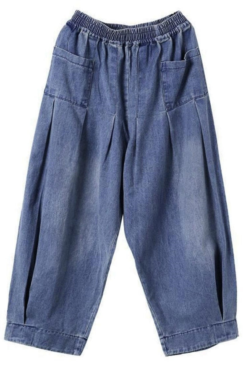 Chouyatou Women's Denim Harem Pants Elastic Waist Pleated Wide Leg Baggy Jeans