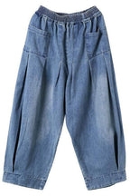 Chouyatou Women's Denim Harem Pants Elastic Waist Pleated Wide Leg Baggy Jeans