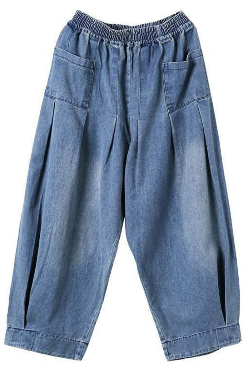 Chouyatou Women's Denim Harem Pants Elastic Waist Pleated Wide Leg Baggy Jeans