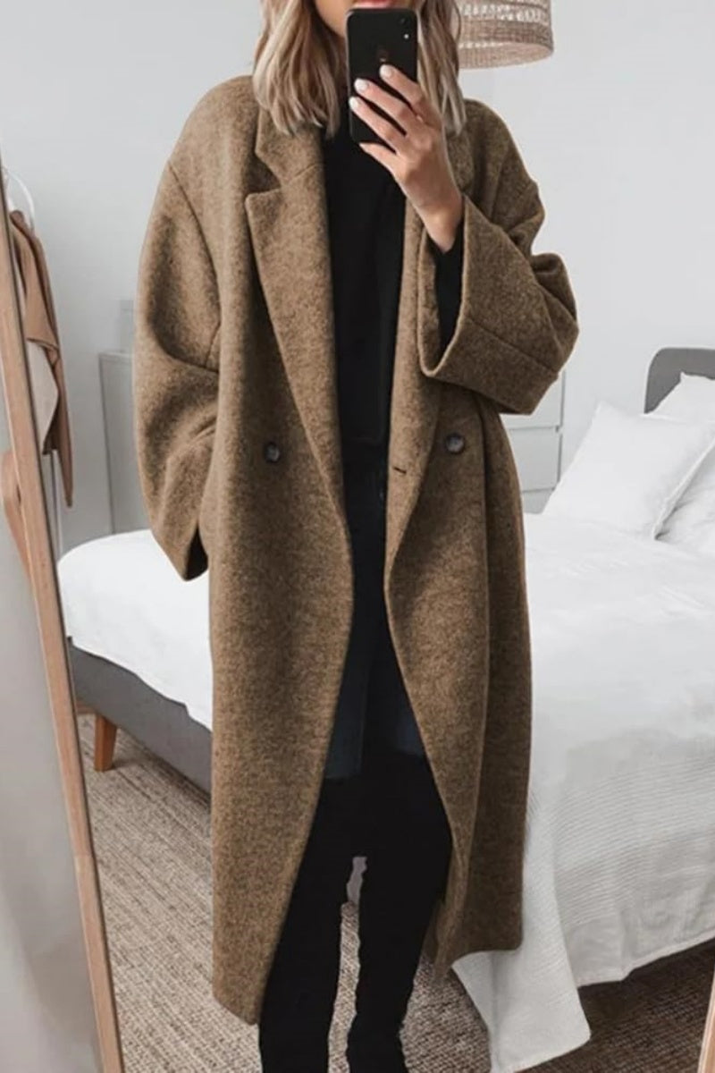 Chouyatou Women's Winter Double Breasted Wool Coat Long Sleeve Notch Lapel Long Trench Coat