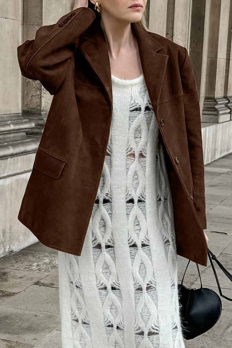 Chouyatou Women's Faux Suede Blazer Jacket Notched Lapel Single Breasted Faux Suede Leather Suit Jacket