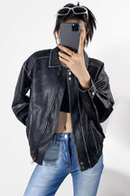 Chouyatou Women's Fall Distressed Faux Leather Bomber Jacket Motorcycle Oversized Leather Jacket