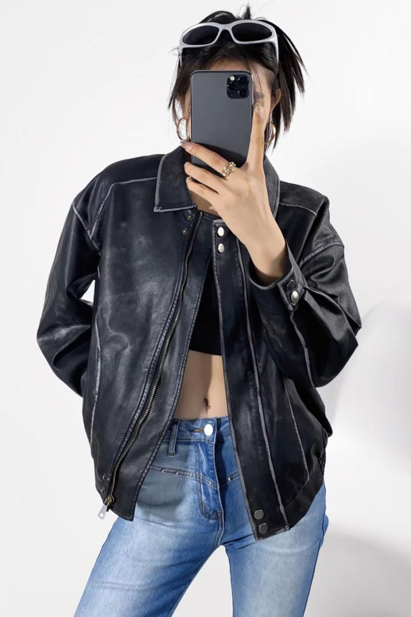 Chouyatou Women's Fall Distressed Faux Leather Bomber Jacket Motorcycle Oversized Leather Jacket