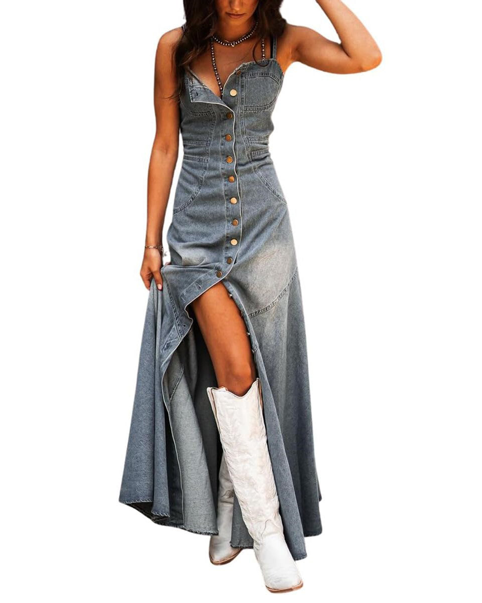 Chouyatou Women's Spaghetti Strap Smocked Back Denim Dress Button Down A-Line Swing Flowy Maxi Jean Dress