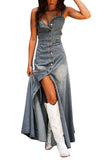 Chouyatou Women's Spaghetti Strap Smocked Back Denim Dress Button Down A-Line Swing Flowy Maxi Jean Dress
