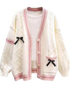 Chouyatou Womens Kawaii Cute Bowknot Cable Knit Cardigans Sheep V Neck Button Down Slouchy Preppy Wool Blend Sweater Coat