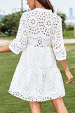 Chouyatou Women's 2025 Eyelet Lace Midi Dress V Neck Puff 3/4 Sleeve Button Tiered Sexy A Line Sun Dress