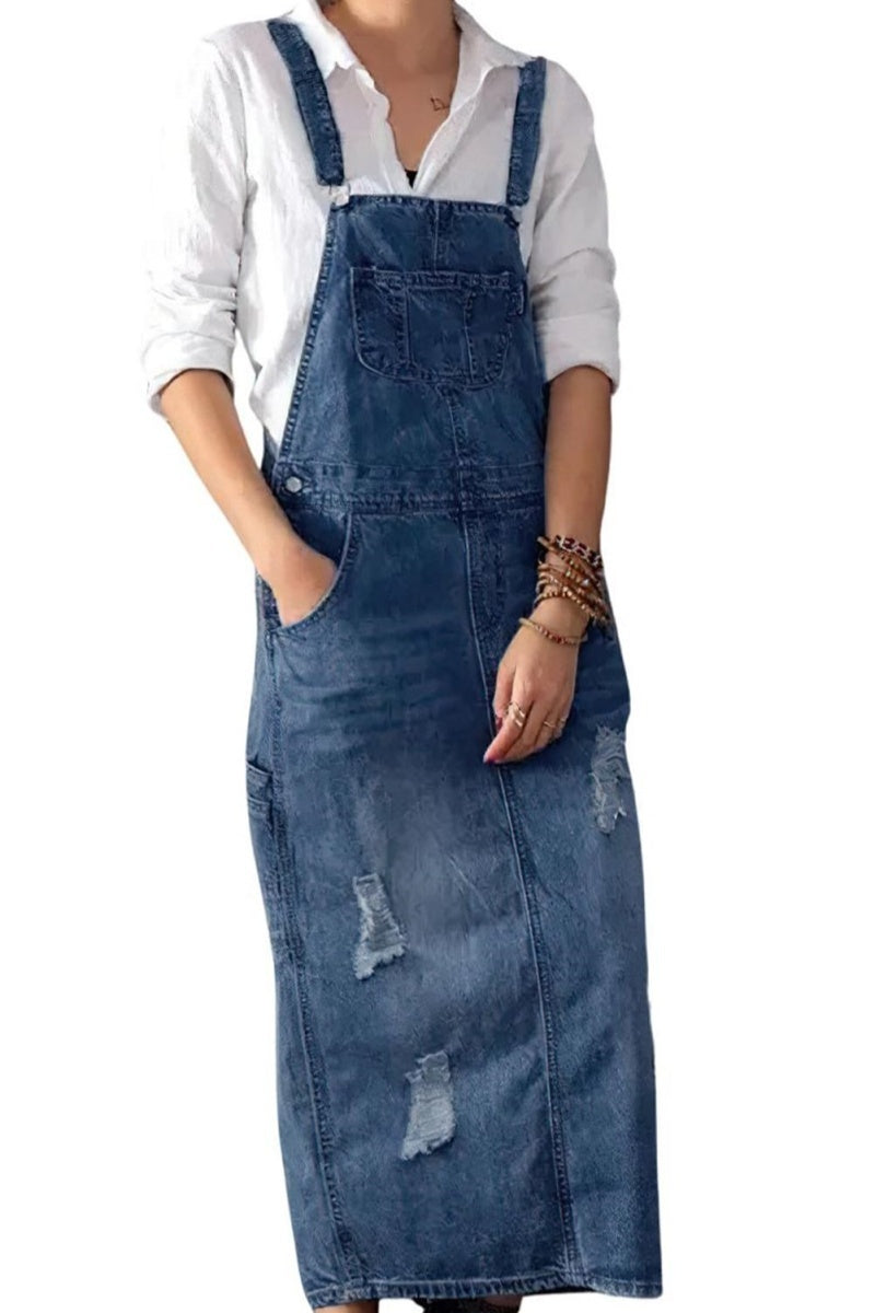 Chouyatou Women's Adjustable Strap Distressed Denim Overall Dress A-Li CHOUYATOU Chouyatou Women's Adjustable Strap Distressed Denim Overall Dress A-Li CHOUYATOU