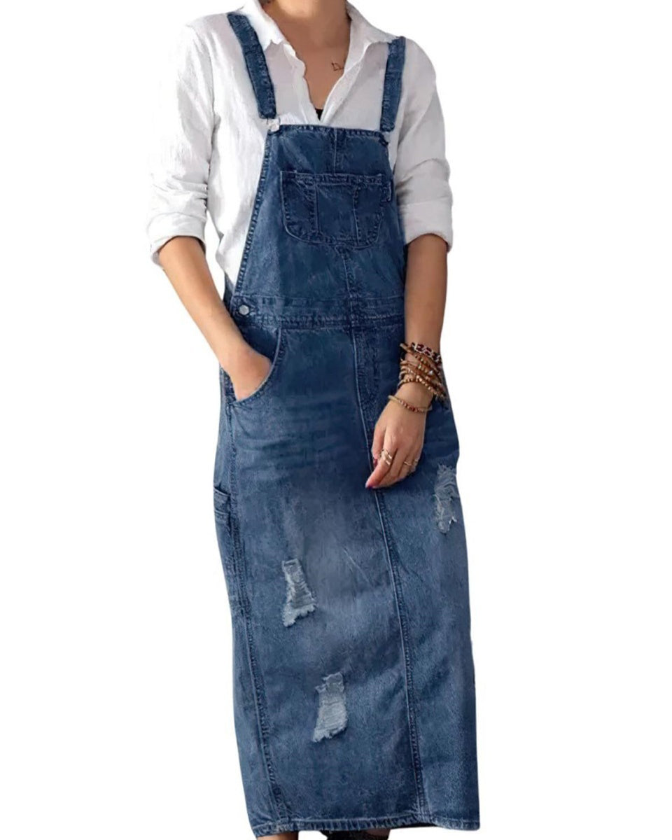 Chouyatou Women's Adjustable Strap Distressed Denim Overall Dress A-Line Pinafore Jean Dress with Split