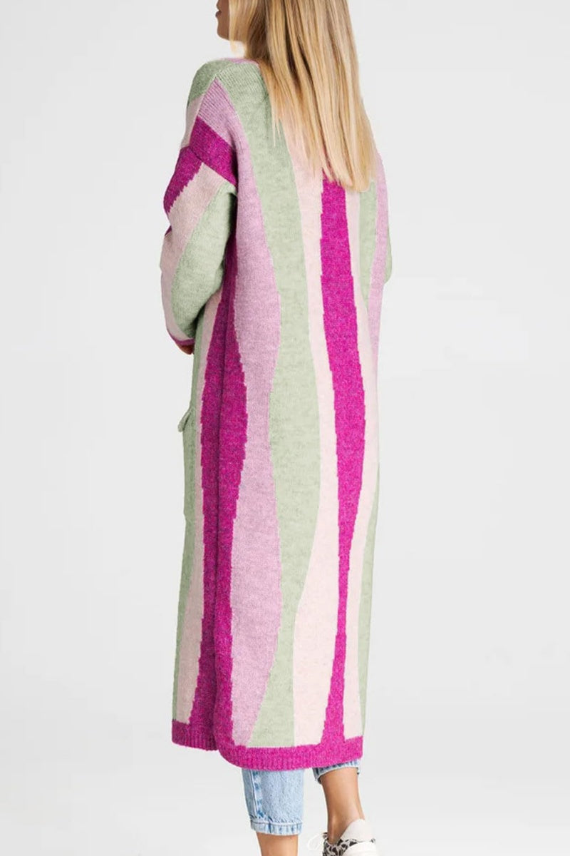 Chouyatou Women's Fall Open Front Color Block Long Cardigan Sweater Coat Casual Vertical Striped Coatigan