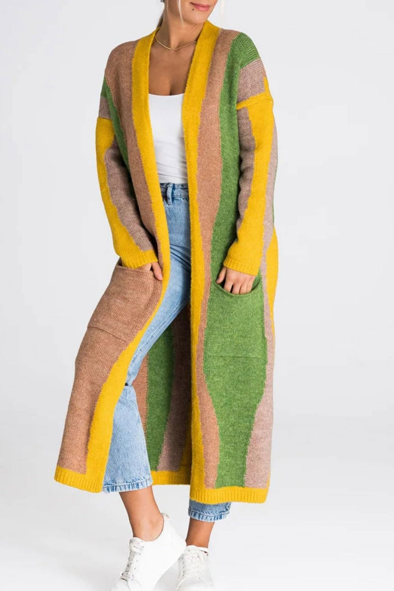 Chouyatou Women's Fall Open Front Color Block Long Cardigan Sweater Coat Casual Vertical Striped Coatigan