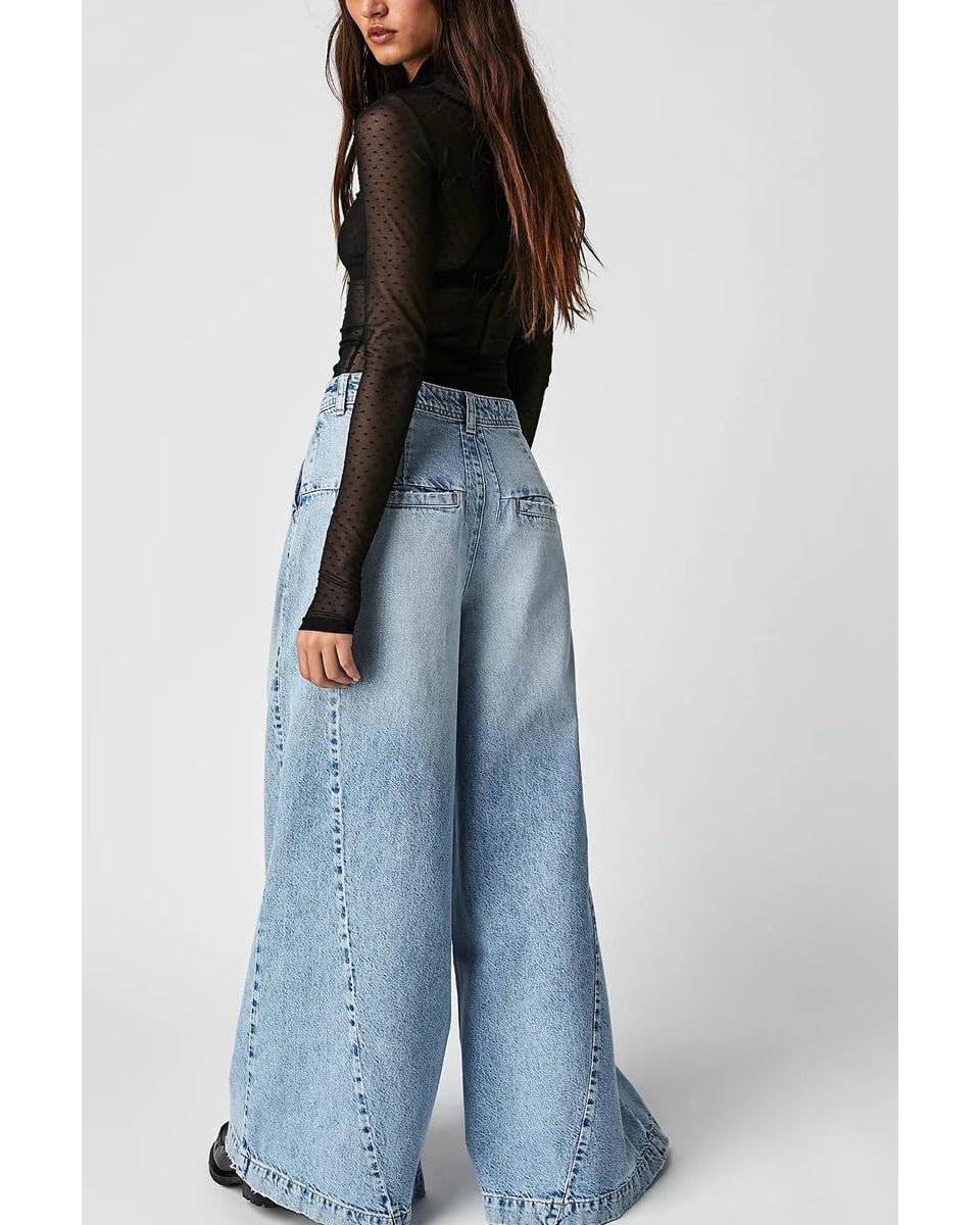 Chouyatou Women's Boyfriend Denim Cargo Pants Y2K Baggy Wide Leg Casual Dressy Jeans Culottes