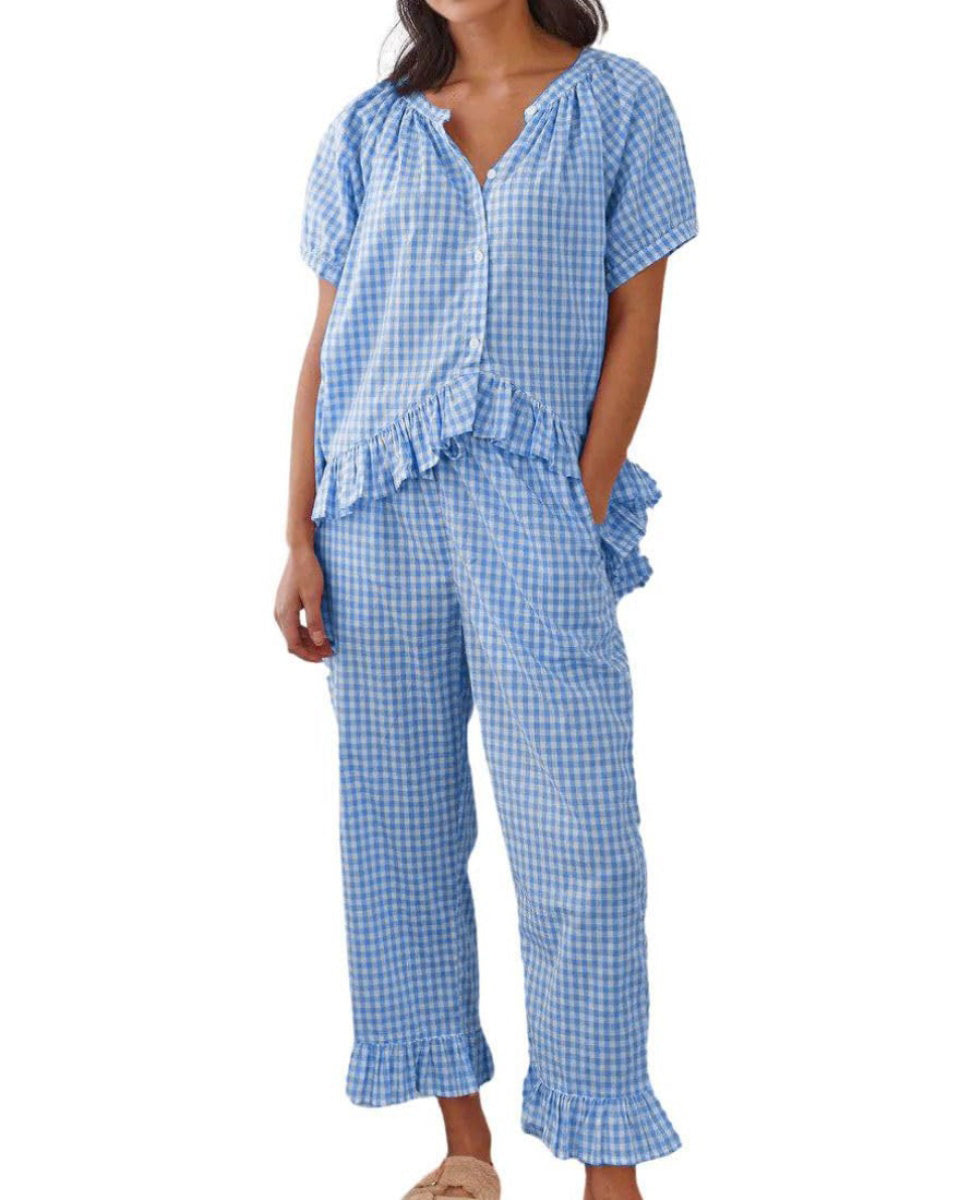 Chouyatou Womens Gingham Pajama Set 2 Piece Short Sleeve Babydoll Shirt and Pants Lounge Set Cute Sleepwear