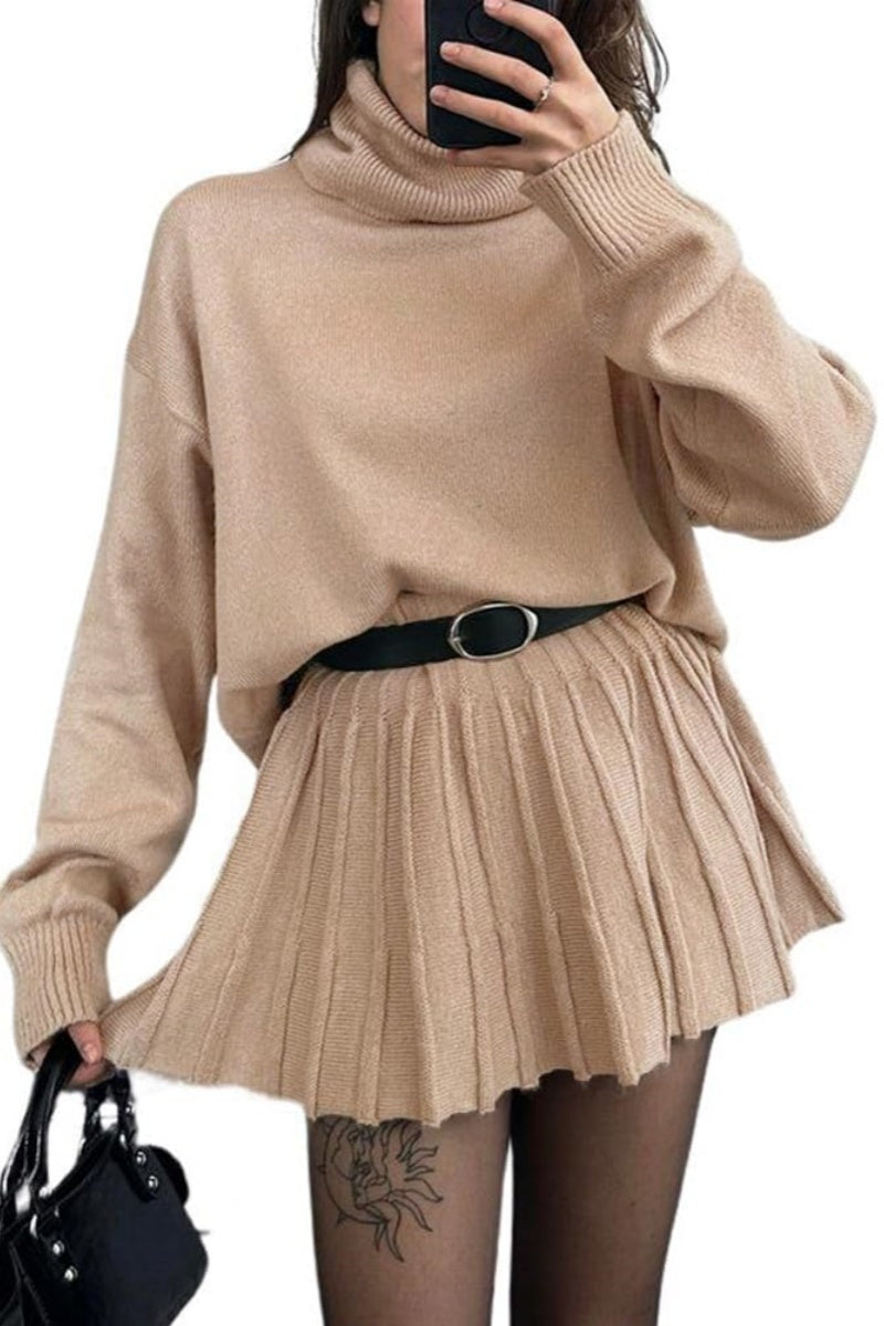 Chouyatou Women's 2 Piece Sweater Skirt Sets Turtleneck Pullover Tops Mini Pleated Skirt Two Piece Knitted Outfits