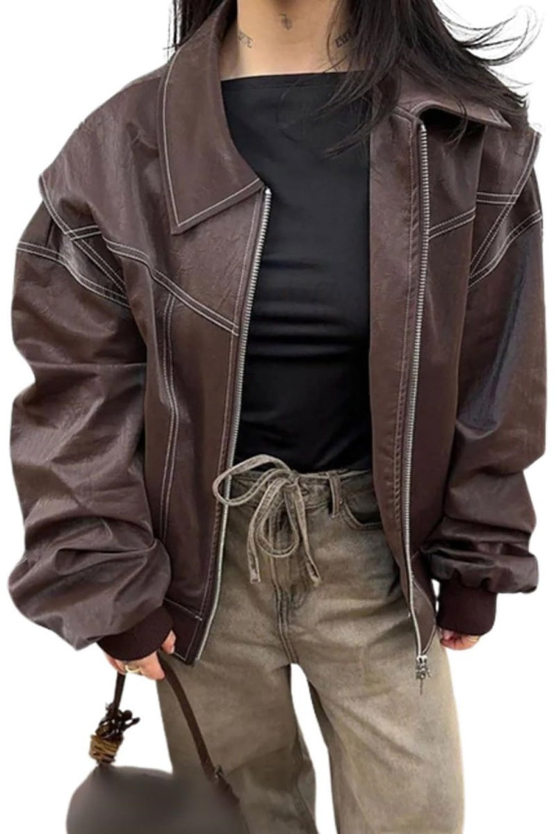 Chouyatou Women's Faux Leather Motorcycle Jacket Oversized Zip Up Winter Coat Outerwear Fall Fashion Clothes