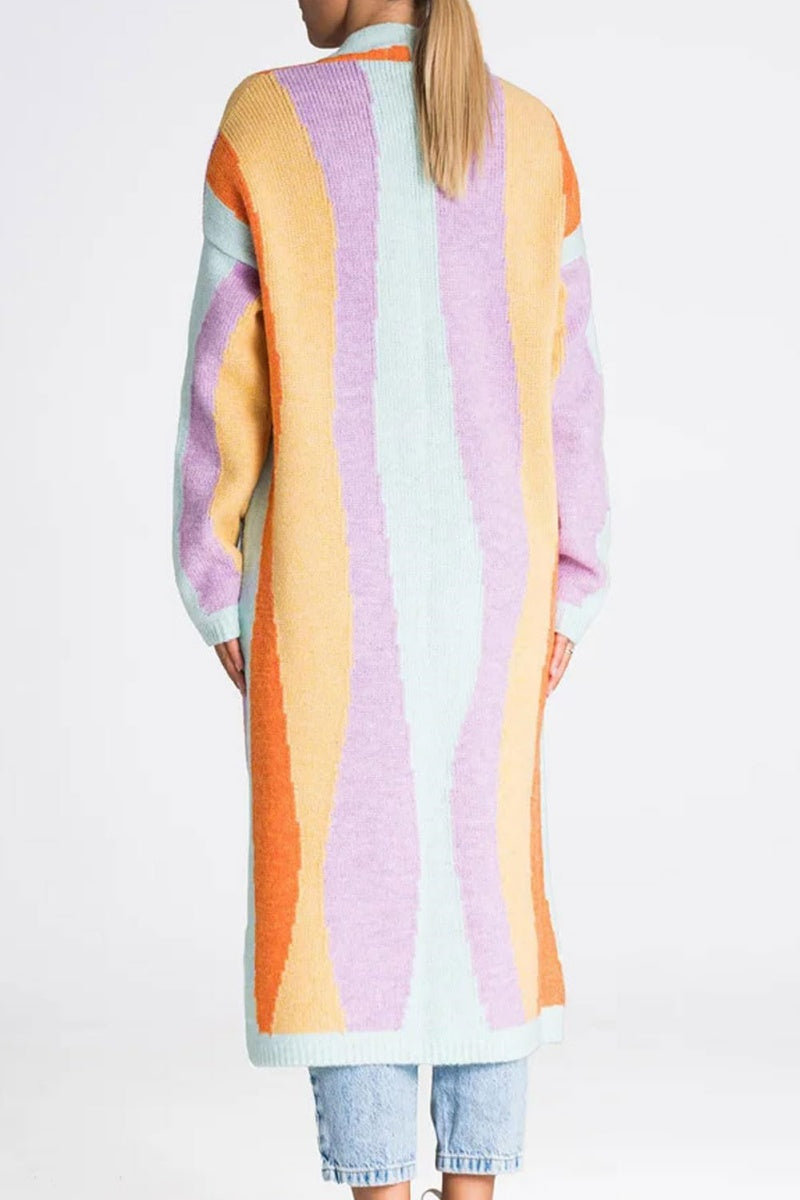 Chouyatou Women's Fall Open Front Color Block Long Cardigan Sweater Coat Casual Vertical Striped Coatigan