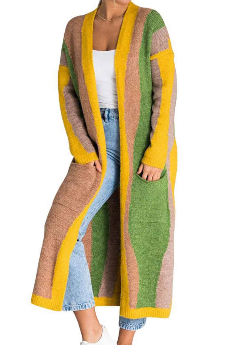 Chouyatou Women's Fall Open Front Color Block Long Cardigan Sweater Coat Casual Vertical Striped Coatigan