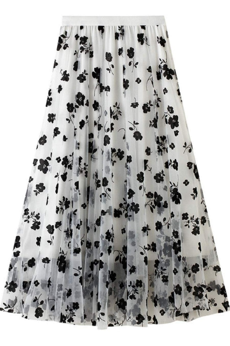 Chouyatou Women's Elastic High Waist Tulle Ruffle Pleated A-Line Swing Midi Skirt
