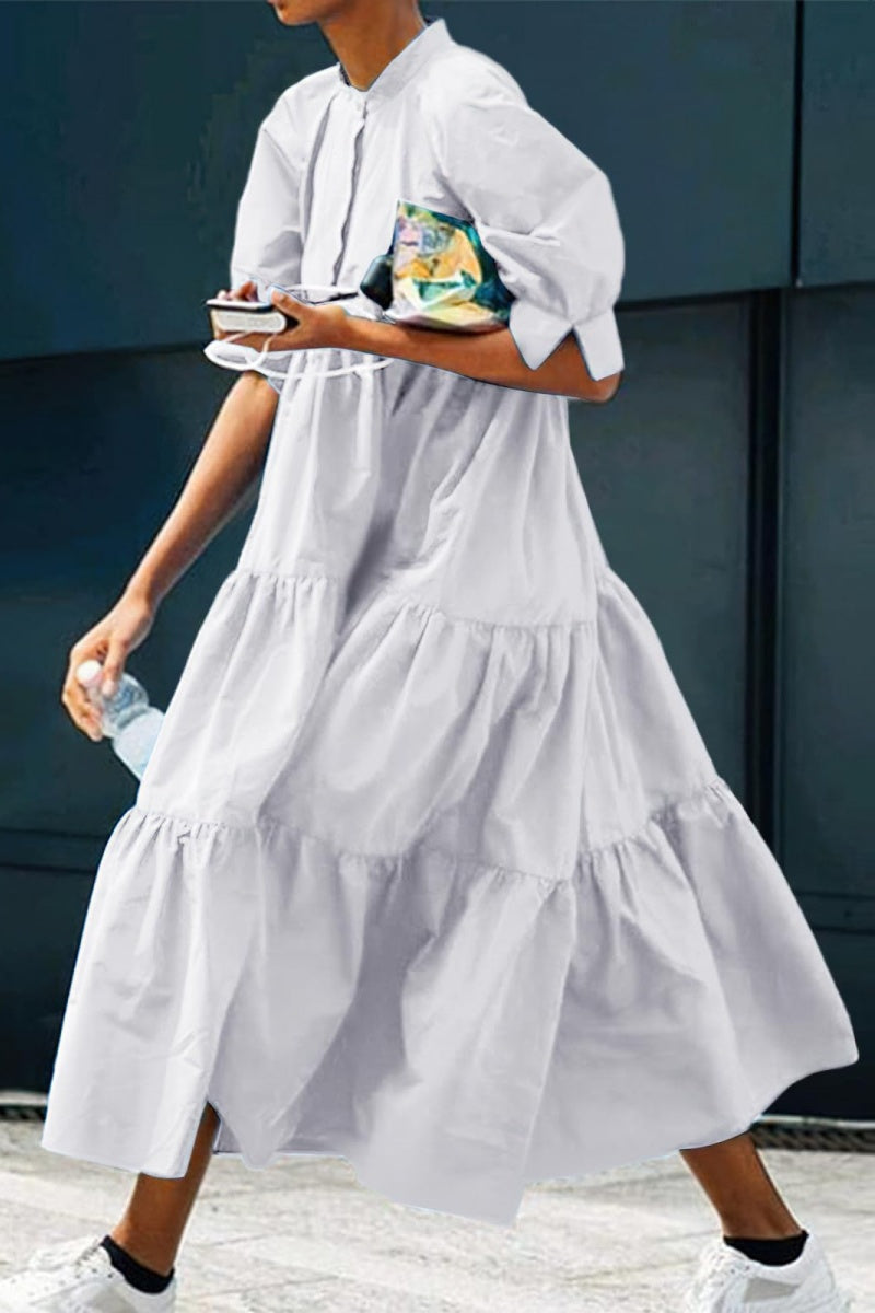 Chouyatou Women's Summer Puff Sleeve Maxi Tiered Babydoll Dress Casual A-Line Swing Long Shirt Dress