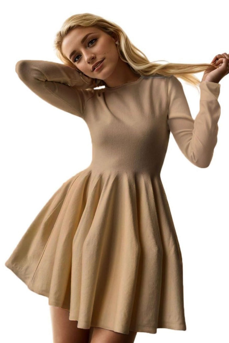 Chouyatou Women Basic Sweater Dress Long Sleeve Pleated Flared Knitted CHOUYATOU Chouyatou Women Basic Sweater Dress Long Sleeve Pleated Flared Knitted CHOUYATOU