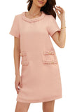 Chouyatou Women's Short Sleeve Crew Neck Tweed Dress A-line Button Part Elegant Mini Dresses