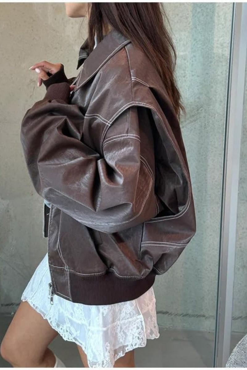 Chouyatou Women's Faux Leather Motorcycle Jacket Oversized Zip Up Winter Coat Outerwear Fall Fashion Clothes