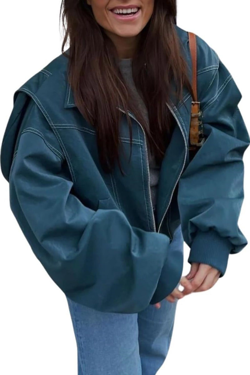 Chouyatou Women's Faux Leather Motorcycle Jacket Oversized Zip Up Winter Coat Outerwear Fall Fashion Clothes
