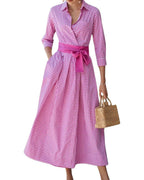 Chouyatou Women's Retro Plaid Button Up Maxi Shirt Dress 3/4 Sleeve Gingham Pocketed Long Dress with Belt