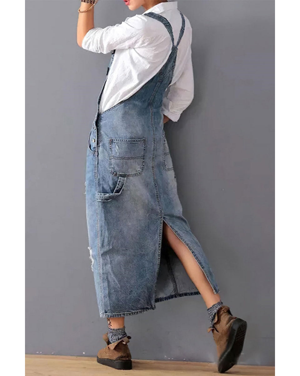 Chouyatou Women's Adjustable Strap Distressed Denim Overall Dress A-Line Pinafore Jean Dress with Split