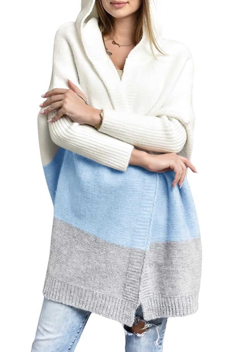 Chouyatou Women's Color Block Hooded Cardigan Casual Loose Open Front Ribbed Knit Long Coatigan Sweater