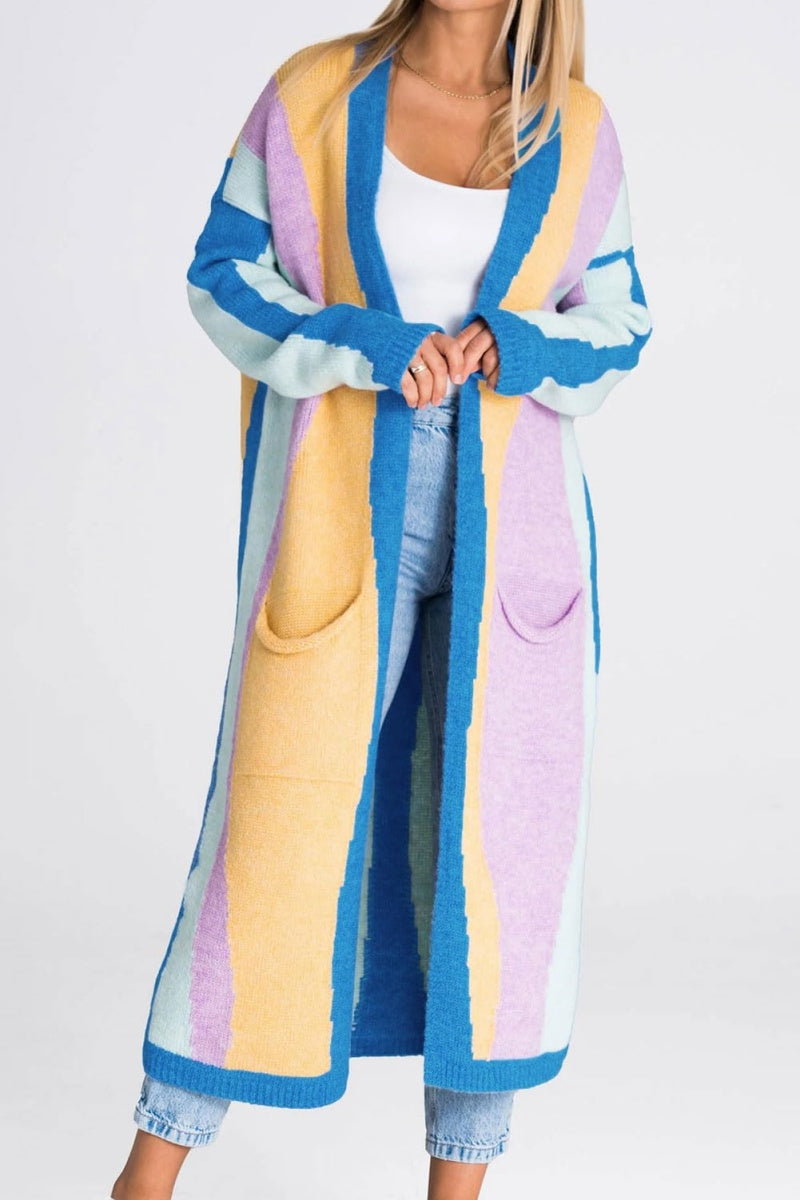 Chouyatou Women's Fall Open Front Color Block Long Cardigan Sweater Coat Casual Vertical Striped Coatigan