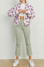 Chouyatou Women's Fall Winter Casual Cute Floral Fleece Jacket Fuzzy Zip Up Sherpa Jacket Faux Fur Coat